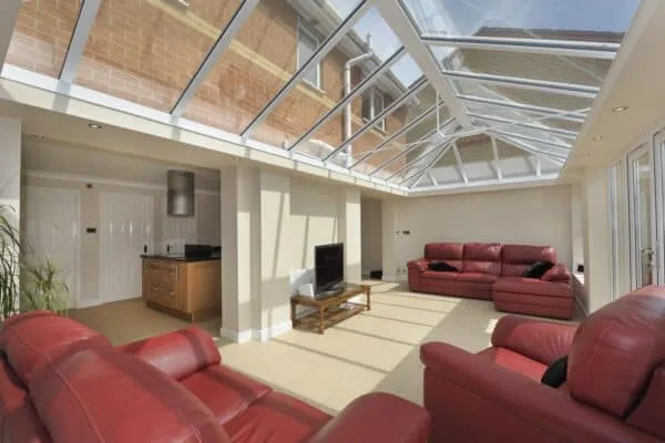 Large living room home extension with a glass roof