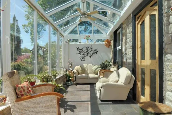 Conservatory interior with glass roof